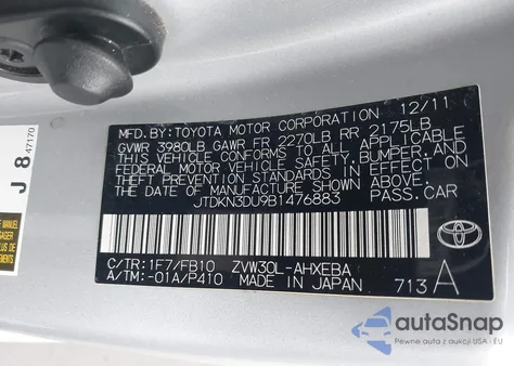 2011 Toyota Prius из США, поврежденный, VIN JTDKN3DU9B1476883